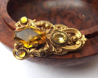 1930s Art Deco Brass Dress Clip: Golden Yellow Glass Clip, Antique Jewellery
