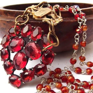 1930s Red Glass Pendant Egyptian Revival Necklace Repurposed Art Deco Jewellery