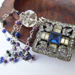 1920s paste blue rhinestone pendant blue glass necklace, rhinestone paste pendant, pendant with necklace, for a collector, for a gift
