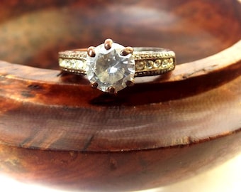 1800s Victorian Copper Rhinestone Paste Solitaire Ring Antique Jewellery