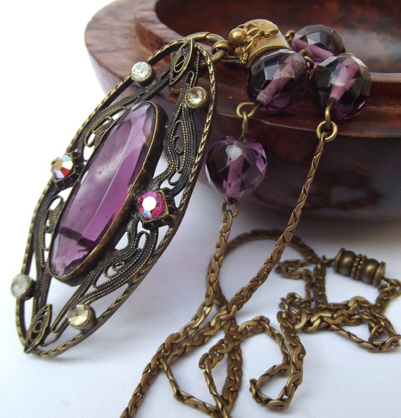 1930s Art Deco Purple Glass Pendant Antique Jewellery Repurpose Necklace