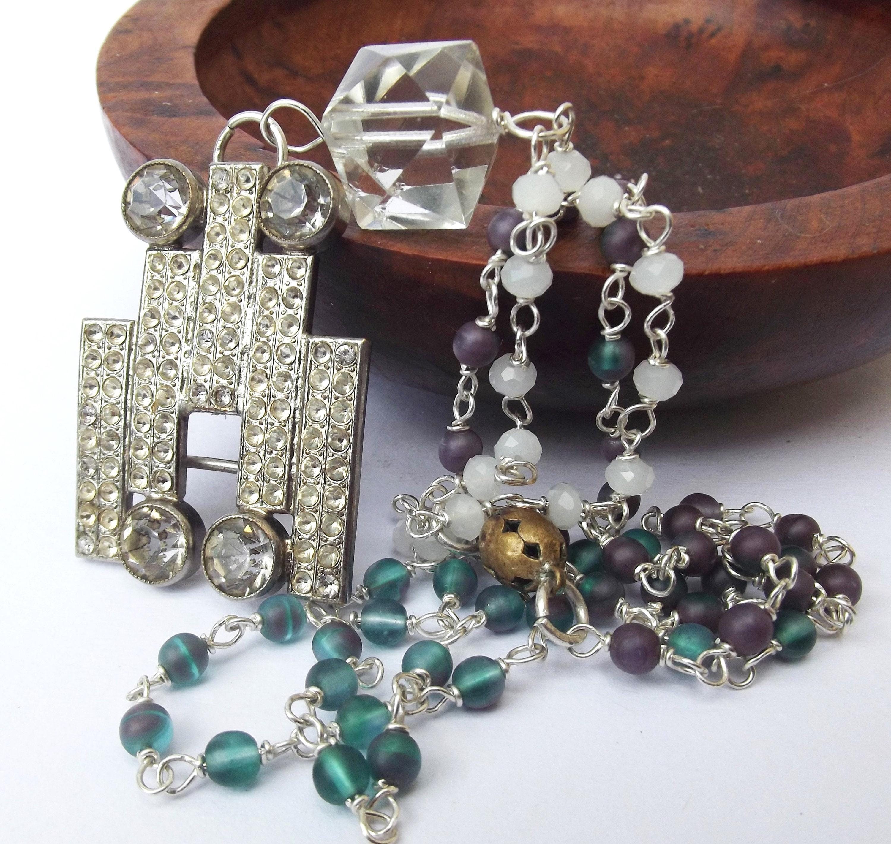 jaren 1930 art deco strassteen hanger glazen ketting, gesp hanger met ketting, voor een verzamelaar, voor een cadeau, voor verjaardag