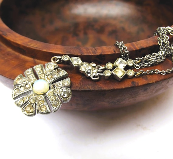 1930s Art Deco Rhinestone Glass Opal Necklace Antique Jewellery