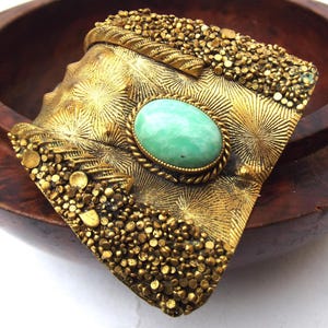 1930s large golden brass green Peking glass dress clip, Art deco antique brass and glass dress clip, for a gift, for a mum, for a wife