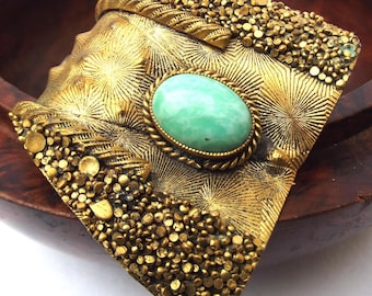 1930s Art Deco Brass Dress Clip: Green Peking Glass, Antique Clip, For Gift