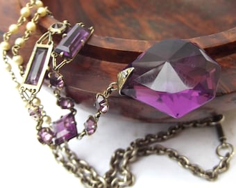 Edwardian purple glass pendant necklace with faux pearl and chain, Edwardian purple glass necklace, antique glass necklace, for my mom