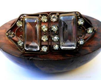 Fibbia ad incastro con strass, completa, anni '20, funzionante, antico accessorio di gioielleria Art Déco.