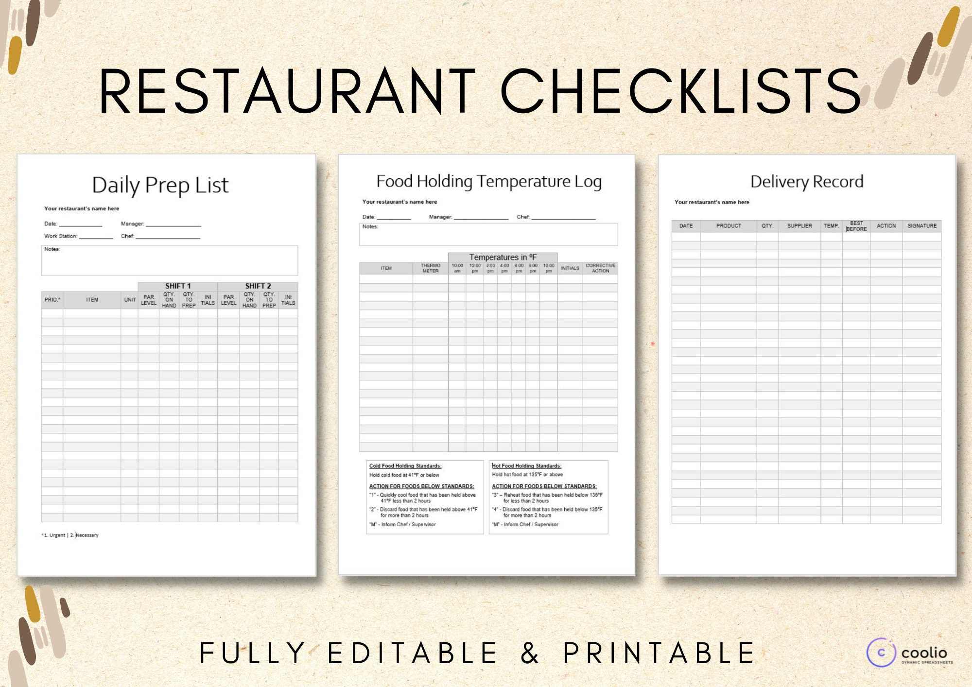 Restaurant & Bar Prep List, Prep Sheet, Temperature Monitoring Restaurant & Bar Prep List, Prep Sheet, Temperature Monitoring