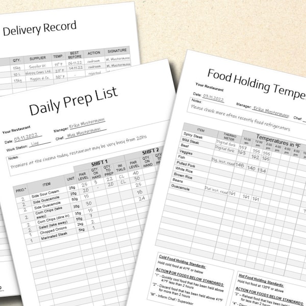 Restaurant & Bar Prep List, Prep Sheet, Temperature Monitoring, Delivery Record, Fully Editable and Printable Kitchen Prep List in MS Word