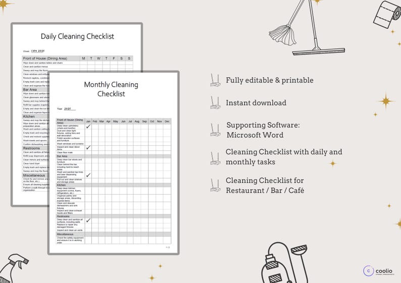 Bar Cleaning Worksheet.pdf Restaurant, Bar & Café Cleaning Checklist Fully Editable and Printable ...