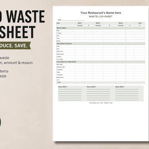 Könnte beinhalten: Ein weißes Lebensmittelabfall-Protokollblatt mit schwarzem Text und Rasterlinien. Die Kopfzeile lautet Your Restaurant's Name here und WASTE LOG-SHEET. Es enthält Spalten für Schichtmengen und Zeilen für verschiedene Lebensmittel sowie Notizfelder.