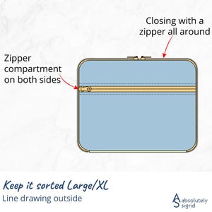 Pode incluir: Um organizador retangular azul claro com fecho de correr dourado. O organizador tem um compartimento com fecho de correr em ambos os lados e est&aacute; rotulado como "Keep it sorted Large/XL". O desenho a tra&ccedil;o mostra o fecho de correr em todo o redor.