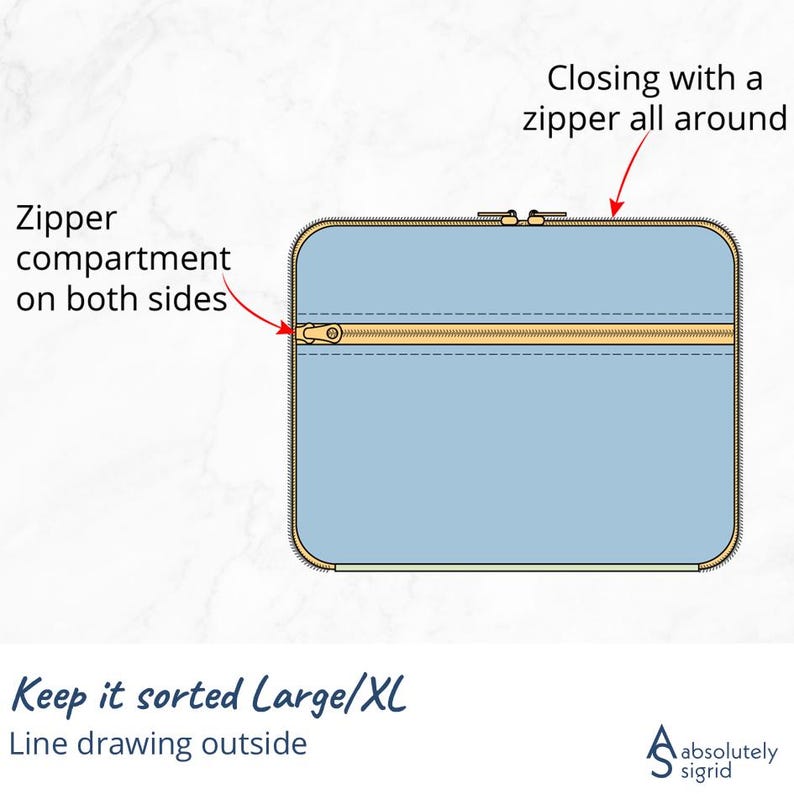 Pode incluir: Um organizador retangular azul claro com fecho de correr dourado. O organizador tem um compartimento com fecho de correr em ambos os lados e est&aacute; rotulado como "Keep it sorted Large/XL". O desenho a tra&ccedil;o mostra o fecho de correr em todo o redor.