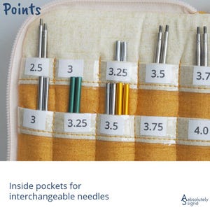 May include: A beige and yellow fabric case with multiple pockets, each labeled with needle sizes from 2.5 to 4.0. The case holds various interchangeable knitting needles in silver, green, and gold colors. The text "Points" and "Inside pockets for interchangeable needles" are visible.