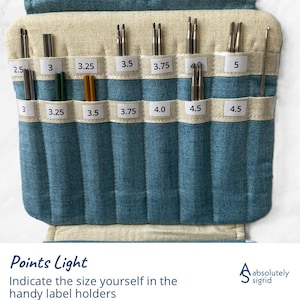 May include: A teal and beige quilted knitting needle organizer with labeled pockets. The organizer holds various sizes of knitting needles, labeled from 2.5 to 5. The text "Points Light" and "Indicate the size yourself in the handy label holders" is visible.
