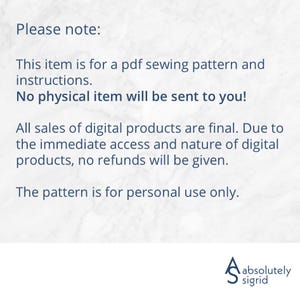 Pode incluir: Fundo branco com texto que diz: "Aten&ccedil;&atilde;o: Este item &eacute; para um padr&atilde;o de costura em pdf e instru&ccedil;&otilde;es. Nenhum item f&iacute;sico ser&aacute; enviado para voc&ecirc;! Todas as vendas de produtos digitais s&atilde;o finais. O padr&atilde;o &eacute; apenas para uso pessoal."