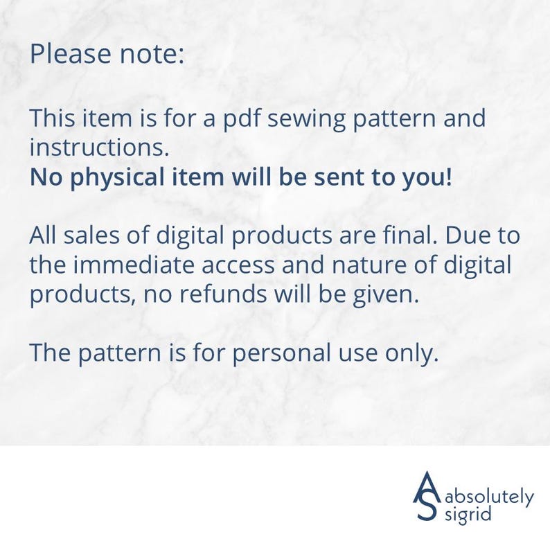 Pode incluir: Fundo branco com texto que diz: "Aten&ccedil;&atilde;o: Este item &eacute; para um padr&atilde;o de costura em pdf e instru&ccedil;&otilde;es. Nenhum item f&iacute;sico ser&aacute; enviado para voc&ecirc;! Todas as vendas de produtos digitais s&atilde;o finais. O padr&atilde;o &eacute; apenas para uso pessoal."