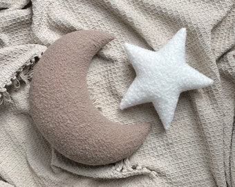 Coussin en forme d'étoile, coussin croissant de lune, boucle crème, décoration d'intérieur, décoration de chambre de bébé, style scandinave, enfants neutres