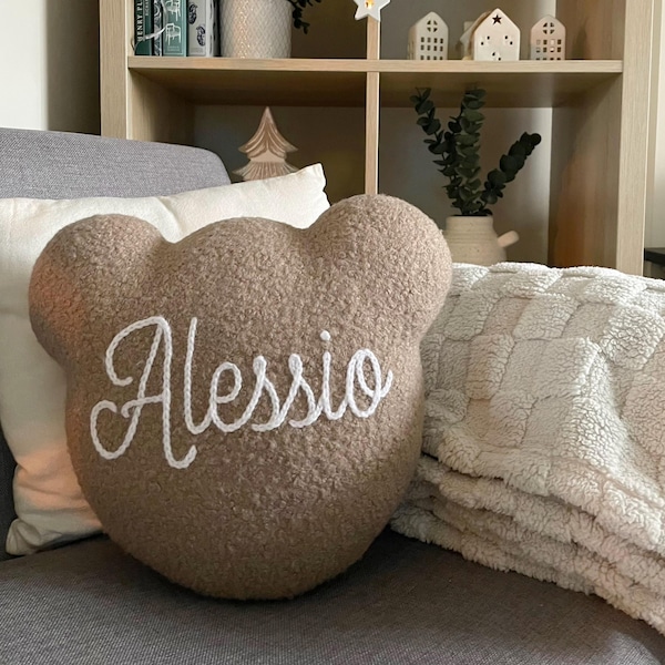 Personalised Bear Cushion: Boucle Wool Nursery Decor