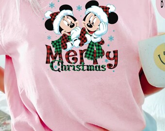Comfort Colors® Minnie Mickey Merry Christmas Shirt, Christmas Mickey And Minnie Plaid Shirt, Disney Christmas Shirt ,Christmas Family Tee