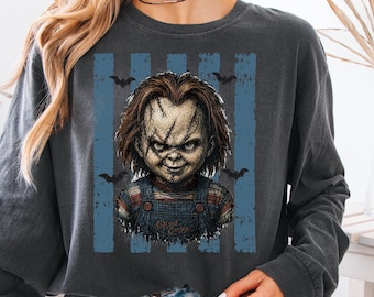 Comfort Colors® Chucky Horror Shirt, Creepy Doll Long Sleeve, Child's Play Movie Top, Spooky Season Apparel, Vintage Scary Movie Gift
