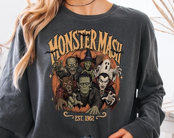 Comfort Colors® Monster Mash Shirt, Retro Halloween Long Sleeve, Classic Monsters Graphic, Spooky Season T-Shirt, Vintage Fall Apparel