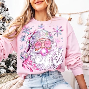 Retro Santa Blowing Bubble Sweatshirt, Pink Christmas Graphic Tee, Funny Sunglasses Xmas Shirt