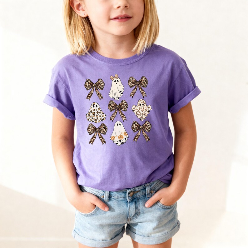 A young girl wearing a purple t-shirt with a graphic design of ghostly figures and leopard print bows.