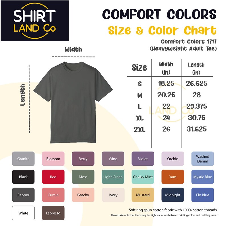 The image is a size and color chart for a comfortable t-shirt, providing information on the width and color options available.