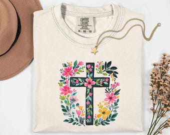 Comfort Colors® Floral Cross Shirt, He is Risen Christian Easter Tee