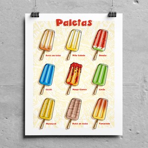 Paletas Popsicles Ice Cream Art, Kitchen Wall Decor, Food Illustration, Giclee Print
