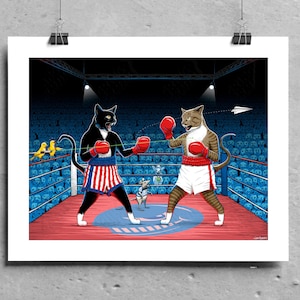 Boxing Cats Art Print, Tuxedo Tabby Wall Decor, Rocky vs Apollo, Colorful Giclee Painting
