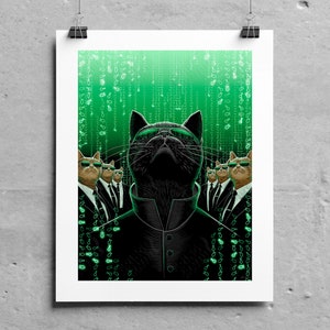 May include: A digital art print featuring a black cat wearing sunglasses and a black suit, surrounded by other cats in suits. The background is a green gradient with a matrix-like pattern of green code.
