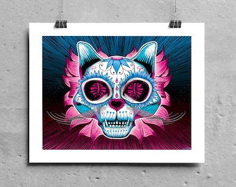 Day of the Dead Cat Print, Sugar Skull Painting, Halloween Wall Decor, Día de los Muertos Art, Calavera, Cat Lover Gift