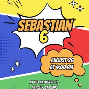 Comic superhero kids birthday party invitation template. Editable kids party invite. Children&#39;s comic superhero party invitation template.