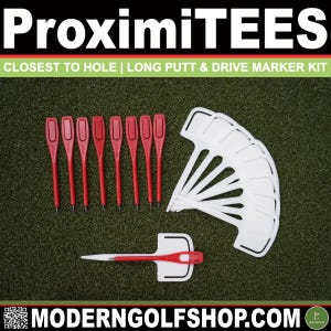 May include: A set of red golf tees and white plastic golf flag markers. The tees are designed to be used for putting and driving. The flag markers are designed to be used for marking the location of a golf ball. The text "CLOSEST TO HOLE | LONG PUTT & DRIVE MARKER KIT" is visible at the top of the image. The text "MODERNGOLFSHOP.COM" is visible at the bottom of the image.