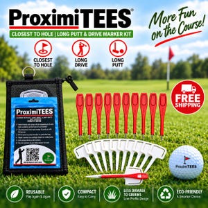 May include: A ProximiTEES golf marker kit featuring a black carrying pouch, nine red markers, nine white plastic stakes, and one white golf ball. The kit includes instructional text, icons for closest to hole, long drive, and long putt, and a QR code.