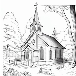 Könnte beinhalten: Eine Schwarzweiß-Zeichnung einer kleinen Holzkirche mit einem Kirchturm, umgeben von Bäumen und Bänken. Die Kirche hat ein spitz zulaufendes Dach, zwei Fenster an jeder Seite und eine Tür mit einem kleinen Vordach.