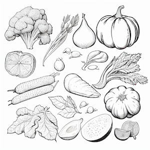 Könnte beinhalten: Eine Schwarzweiß-Zeichnung verschiedener Gemüse und Früchte, darunter Brokkoli, Kürbisse, Karotten, Sellerie, Zitronen und Feigen.