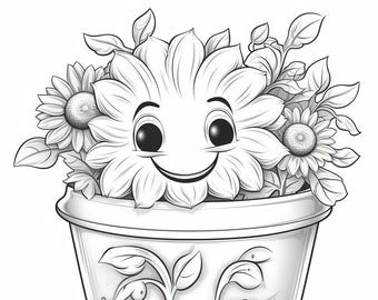 Smiling Blooms: Flower Pot Coloring Pages Filled with Joy and Positivity | PRINT & PAINT | for instant download | PDF
