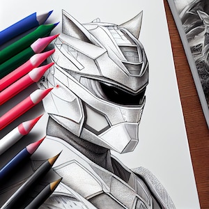 May include: A black and white line drawing of a Power Ranger helmet against a white background. The helmet has a white, grey, and black colour scheme and features a pointed, cat-like design.