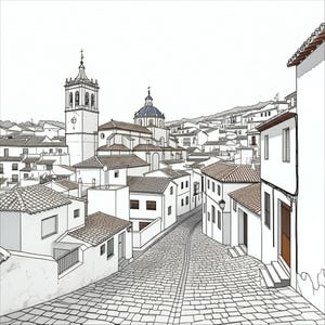 Könnte beinhalten: Eine Schwarzweißillustration eines europäischen Dorfes mit einer Kirche und Kopfsteinpflasterstraßen.