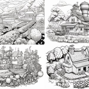 May include: A black and white illustration of four different farm scenes. The top left scene shows a farm with a large building and a field of flowers. The top right scene shows a farm with a large house and a field of pumpkins. The bottom left scene shows a farm with a small village and a field of mushrooms. The bottom right scene shows a farm with a barn and a field of pumpkins.