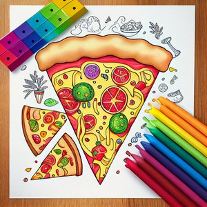 Könnte beinhalten: Eine bunte Illustration einer Pizza mit verschiedenen Belägen, darunter Pepperoni, Pilze und grüne Paprika. Die Pizza ist von bunten Buntstiften umgeben.