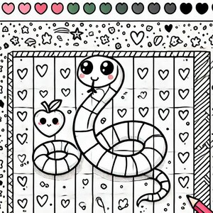 以下が含まれることがあります： ハート型の頭と顔のある赤いリンゴを持つヘビの白黒の線画。ヘビは円形に丸まっており、リンゴはヘビの尻尾の上に座っています。図は、ハートのグリッドのある白い背景にあります。