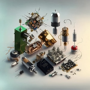 May include: A collection of vintage electronic components, including vacuum tubes, transistors, and circuit boards. The components are arranged on a white surface and are connected by wires. Some of the components are gold, silver, and green.