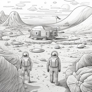 Könnte beinhalten: Zwei Astronauten in weißen Raumanzügen stehen auf einer kargen, felsigen Landschaft. Im Hintergrund befindet sich ein futuristisches Gebäude mit einem abgerundeten Dach. Die Szene erinnert an eine Mond- oder Marskolonie.