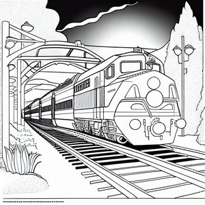 May include: A black and white illustration of a train travelling through a tunnel. The train is made up of a locomotive and several passenger carriages. The train is travelling on a set of tracks.