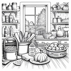 May include: A black and white illustration of a kitchen interior with a window, shelves, and various kitchen utensils, including a large pot, a bowl of fruit, and a pumpkin.