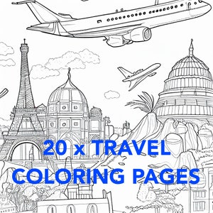 La aventura te espera con 20 PÁGINAS PARA COLOREAR DE VIAJES: arte digital para descargar. Mapa del mundo imprimible, lugares de interés y más. ¡Perfecto para todas las edades!
